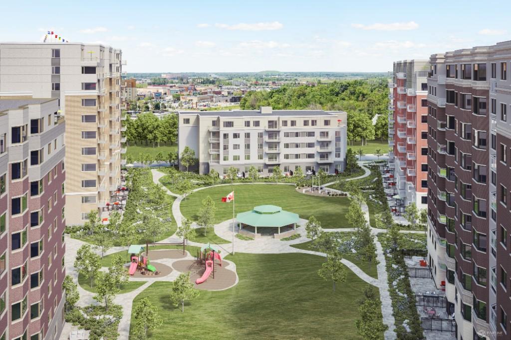 Modern residential development with central park, landscaped green space, and community amenities. GJA Inc.